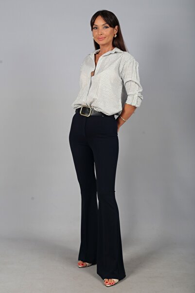 By Saygı Women's Spanish Flare Lycra Crepe Trousers with Waist Belt