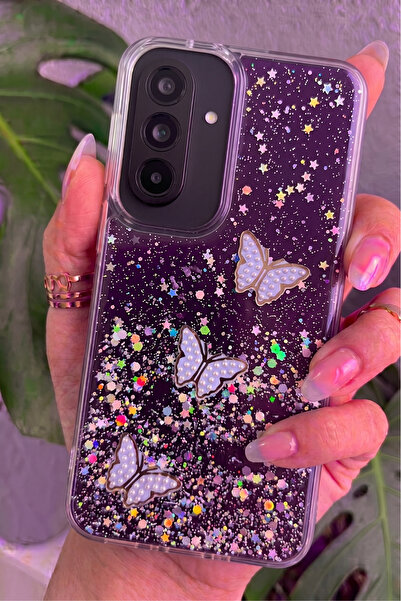 Rivor Samsung Galaxy A27 Uyumlu Kılıf Kamera Çıkıntılı Simli Kelebek Kabartma...