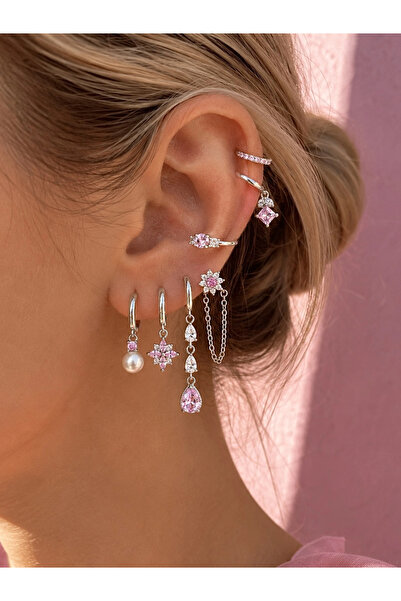 h&b design jewel Silver Pink Flower Detailed Earring Set of 6
