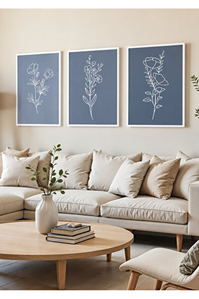 NT Handmade Natural Wood Framed 3-Piece Blue Tones Minimalist Linear Floral W...