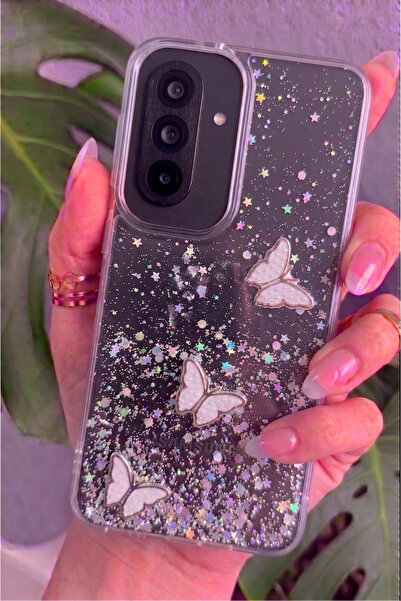 Rivor Samsung Galaxy A27 Uyumlu Kılıf Kamera Çıkıntılı Simli Kelebek Kabartma...