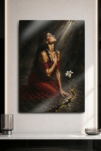 DekorHane Metal Painting - White Lily Blooming on Cracked Earth and Woman in ...