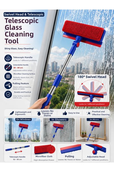 Special Action Telescopic Glass Wiper with Movable Head, Microfiber Cloth, Glass Cleaning Tool, Extendable Window and Shower Cabin Wiper