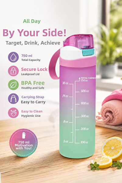 Porsima 0.75 Lt Double Color Painted Measuring Printed Water Bottle Flask-Pink