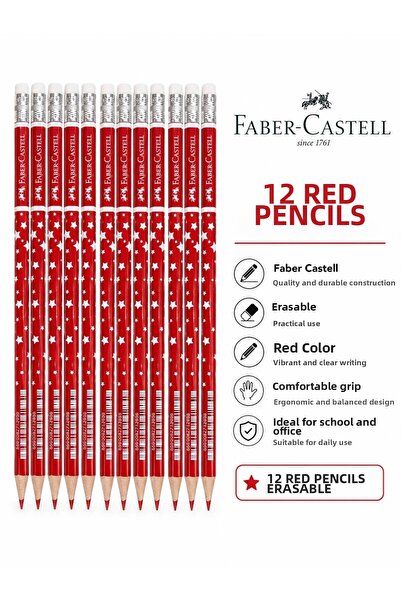 Faber Castell 12 Red Pencils with Erasers and Star Pattern