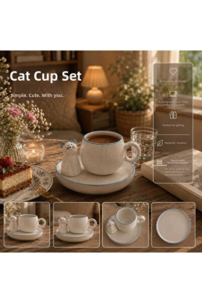 Anadolu Saray Minimal Cat Figured Ceramic Coffee Cup Set Modern Turkish Coffe...