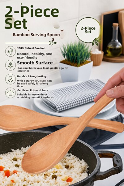 Ercazzo Set of 2 Bamboo Serving Spoons – Natural Bamboo Rice and Soup Spoons,...