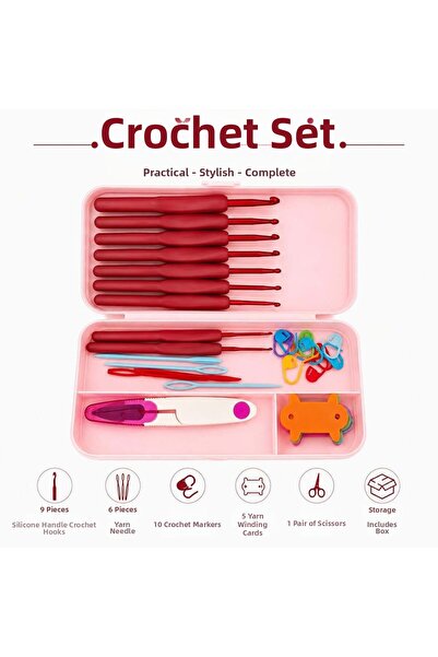iğne izi 9-Piece Silicone Red Handle Crochet Set - 32-Piece Knitting Set with...