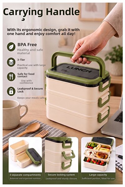 Artmaster Green Lunch Box 3 Compartments 1 Piece 3 Compartment Lunch Containe...