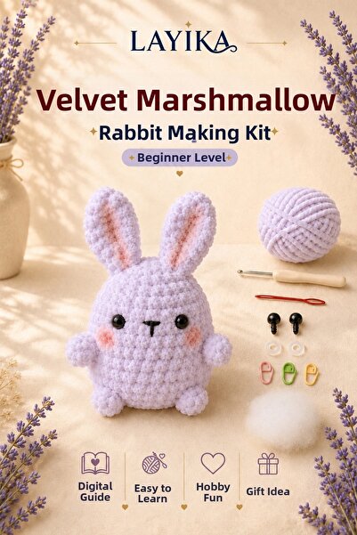 Kent Pazarı Velvet Marshmallow Rabbit Knitting Kit – Amigurumi Making Set wit...
