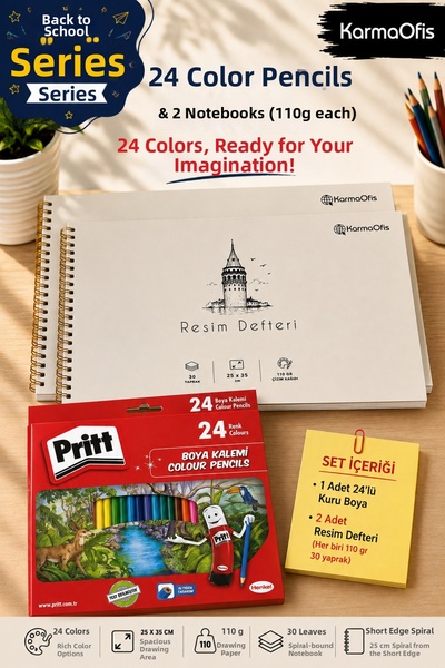 KarmaOfis 24 Colors Dry Paints and 25X35 cm 110 Gr Spiral Drawing Notebook Se...