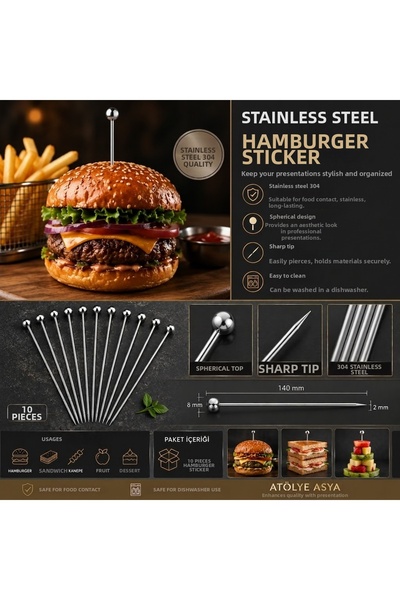 Atölye Asya Stainless Steel Hamburger Stabilizer Presentation Skewer 10 Pieces - 140 mm / 8 mm Sphere Head
