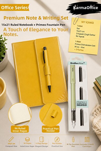 KarmaOfis Yellow Color 15X21 Pen, 3 Covers, 96 Sheets Lined Notebook and Prim...