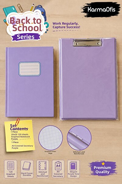 KarmaOfis Lila & Lila Study Set Checkered Notebook and A4 Cover Secretary Set...