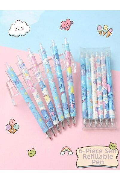synshop 6-Piece Cute Kuala Stitchhh Patterned Ballpoint Pen Set Press-Type Cu...