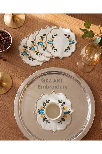 gkzglass home dekor 6 Linen Fabric Embroidered Coffee Side Cocktail Napkins & Coasters Serving Napkins