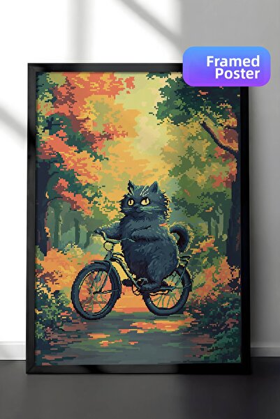 Zestia Pictură murală Pixel Art în cadru negru, Pisică cu bicicletă în toamnă...