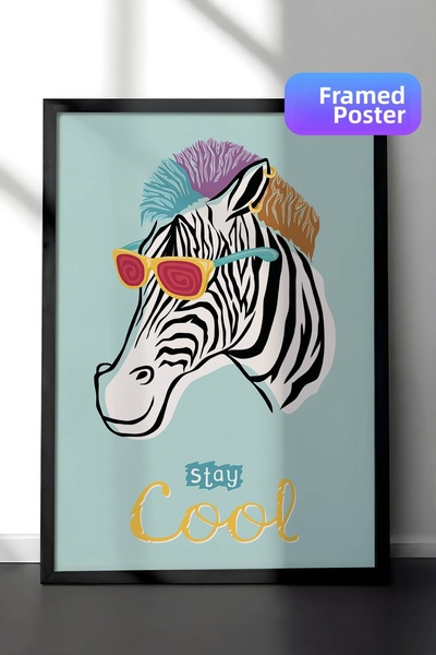 Zestia Pictură murală Pop Art în cadru negru, Zebră colorată cu ochelari și c...