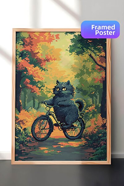 Zestia Pictură murală Pixel Art cu ramă din lemn, Pisică cu bicicletă în toam...