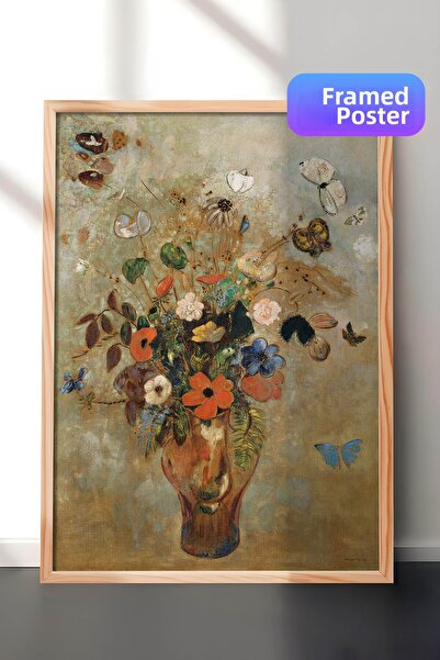 Zestia Pictură de perete Odilon Redon într-o ramă de lemn, flori într-o vază ...
