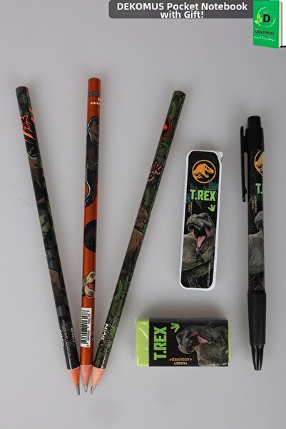 T-Rex X Dekomus Licensed Jurassic World 3 Pencils, Eraser, Pencil with Tip, a...