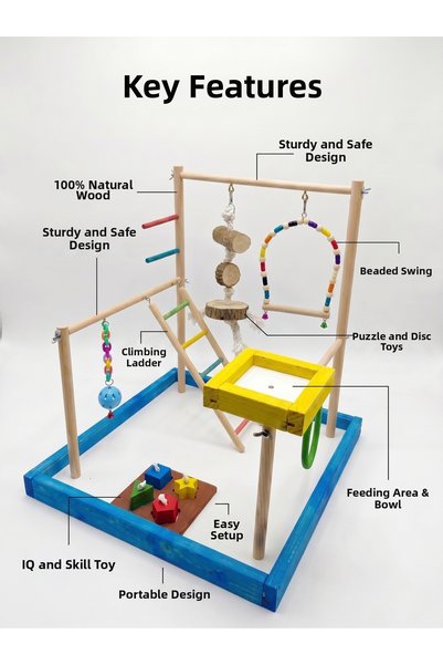 PetTale Wooden Bird Playground Stand - Bird Playground with Ladder and Swing and Intellectual Games 40X40X45 cm