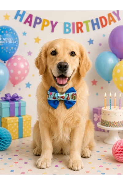 DOGİ&DOG Blue Color Birthday Themed Dog Bow Tie Cat Bow Tie (1-50kg)