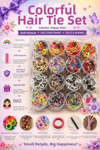 İlkbenaldim 16 Boxed Colorful Girls' Rubber Hair Clips Set – Mixed Colors