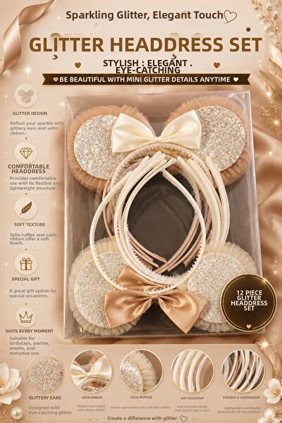 İlkbenaldim 12-Piece Glittery Ear Crown Set for Girls – with Glitter and Bows