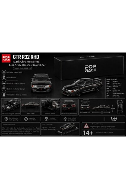 SUDESA OYUNCAK Pop Race 1:64 Gtr R32 Rhd Dark Chrome Series Metal Model Car P...