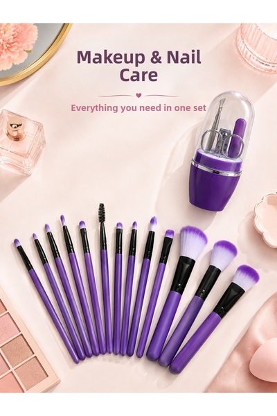 OtoTech Makeup and Nail Care Set 12-Piece Purple Makeup Brushes Manicure Pedi...
