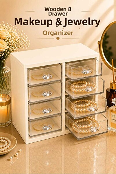 Limeks Home 8-Drawer Wooden Transparent Jewelry and Makeup Organizer Multi-Pu...