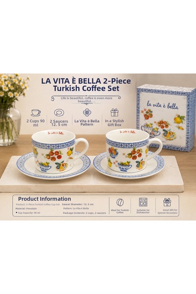 Atak Hediyelik La Vita È Bella Patterned 2-Piece Porcelain Turkish Coffee Cup...