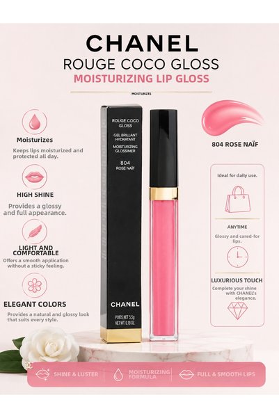 Chanel Rouge Coco Gloss 804 Rose Naif 5.5 Gr – Glossy Finish Lip Gloss That M...