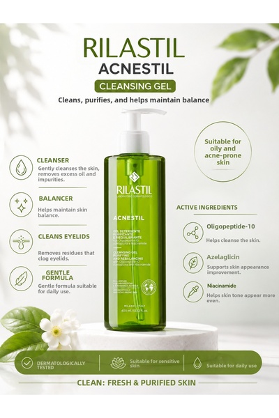 Rilastil Acnestil Cleansing Gel 400 ml – Purifying Cleansing Gel for Acne-Pro...