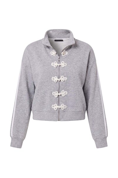 Trendyol Collection Gray Melange Thick Fleece Inside Zippered Chinese Button ...