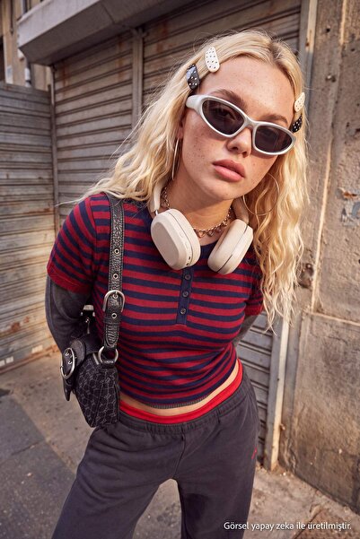 Trendyol Collection Navy Blue Double Sleeve Detailed Striped Knitwear Sweater...