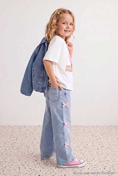 TRENDYOLKIDS Medium Blue Girls' 100% Cotton Bow Wide Leg Jeans Tkdaw27Je00007
