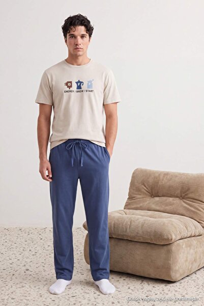 Trendyol Collection Beige-Indigo Regular Printed 100% Cotton Knitted Pajama S...