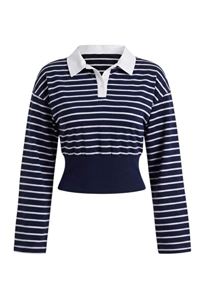 Trendyol Collection Navy Blue Striped Regular Crew Neck Low Sleeve Crop Regul...