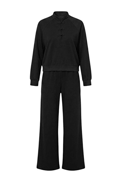 Trendyol Collection Black Plain Regular Fit Chinese Button Wide Leg Soft Touc...