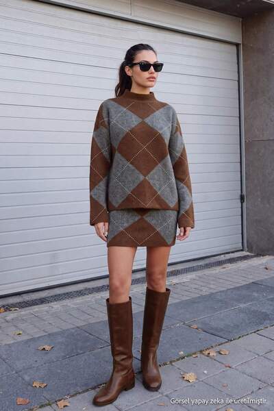 Trendyol Collection Brown Soft Textured Diamond Pattern Sweater Skirt Knitwea...