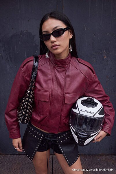 Trendyol Collection Burgundy Oversize Fit Faux Leather Bomber Slim Jacket Coa...