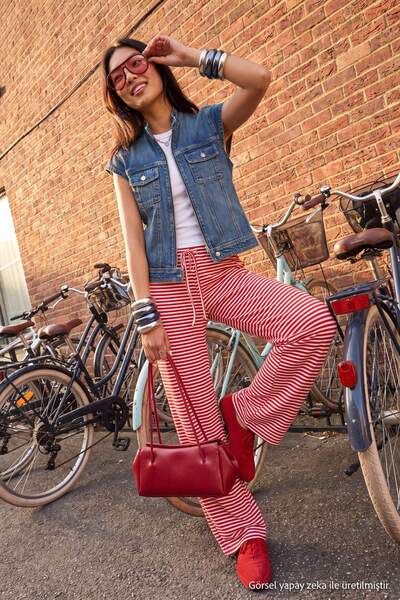Trendyol Collection Red Striped Wide Leg Elastic Waist Regular Waist Soft Kni...