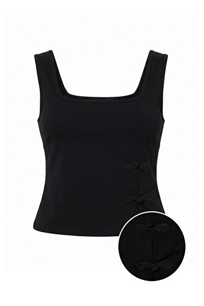 Trendyol Collection Black Chinese Button Square Collar Thick Strap Fitted/Bod...