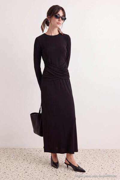 Trendyol Modest Black A-Line/A-Line Form High Neck Shirred/Drape Detailed Kni...