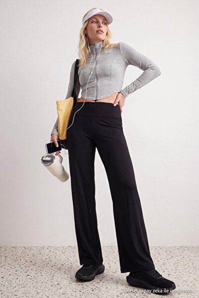 Trendyol Kollektion Schwarz gebürstete, weiche Stoff-Leggings mit weitem Bein...