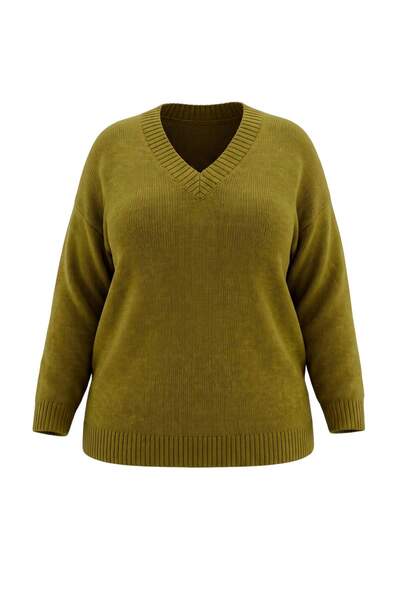 Trendyol Curve Wardrobe Essentials Oil Green Basic Wide Fit Pullover aus Stri...