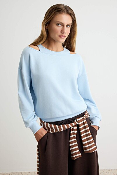 Trendyol Collection Light Blue Thick Non-Iron Oversize/Wide Cut Off-The-Shoul...