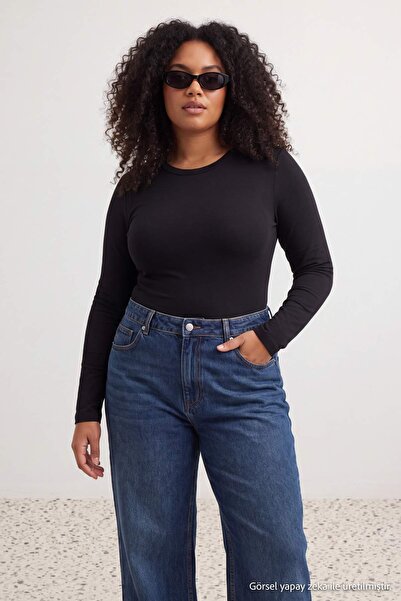 Trendyol Curve Black Crew Neck Slim/Fitted Snap Fastener Flexible Knitted Bod...